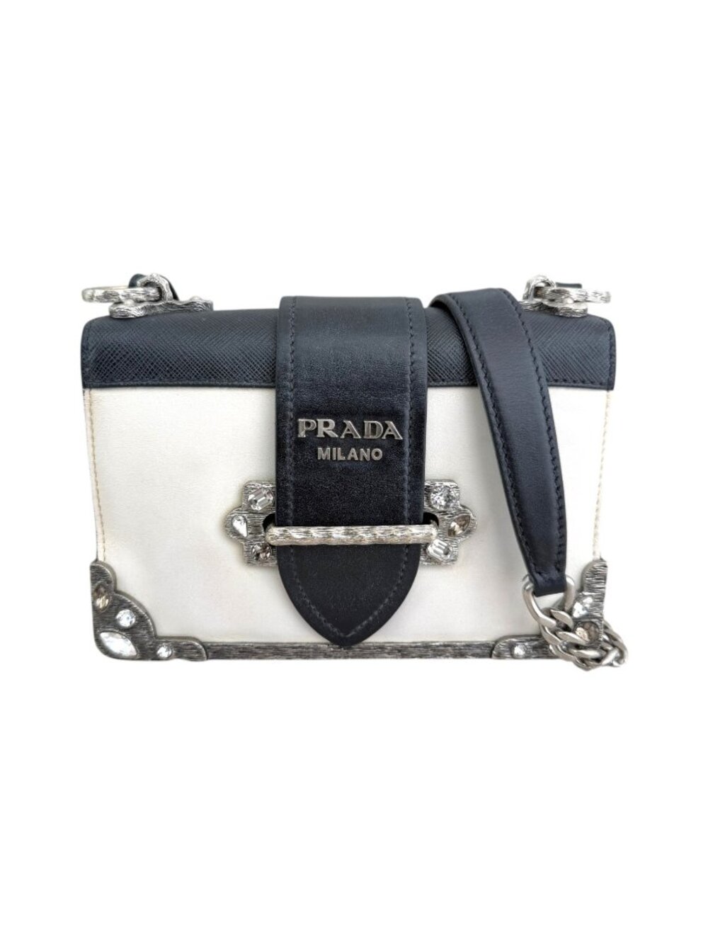 Prada Cahier Crossbody Bag in Black and White with Aged Silver-Tone Hardware